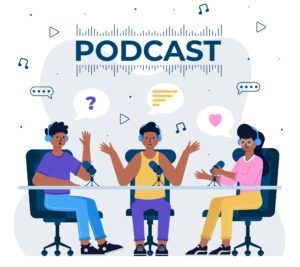 Three persons hosting a podcast